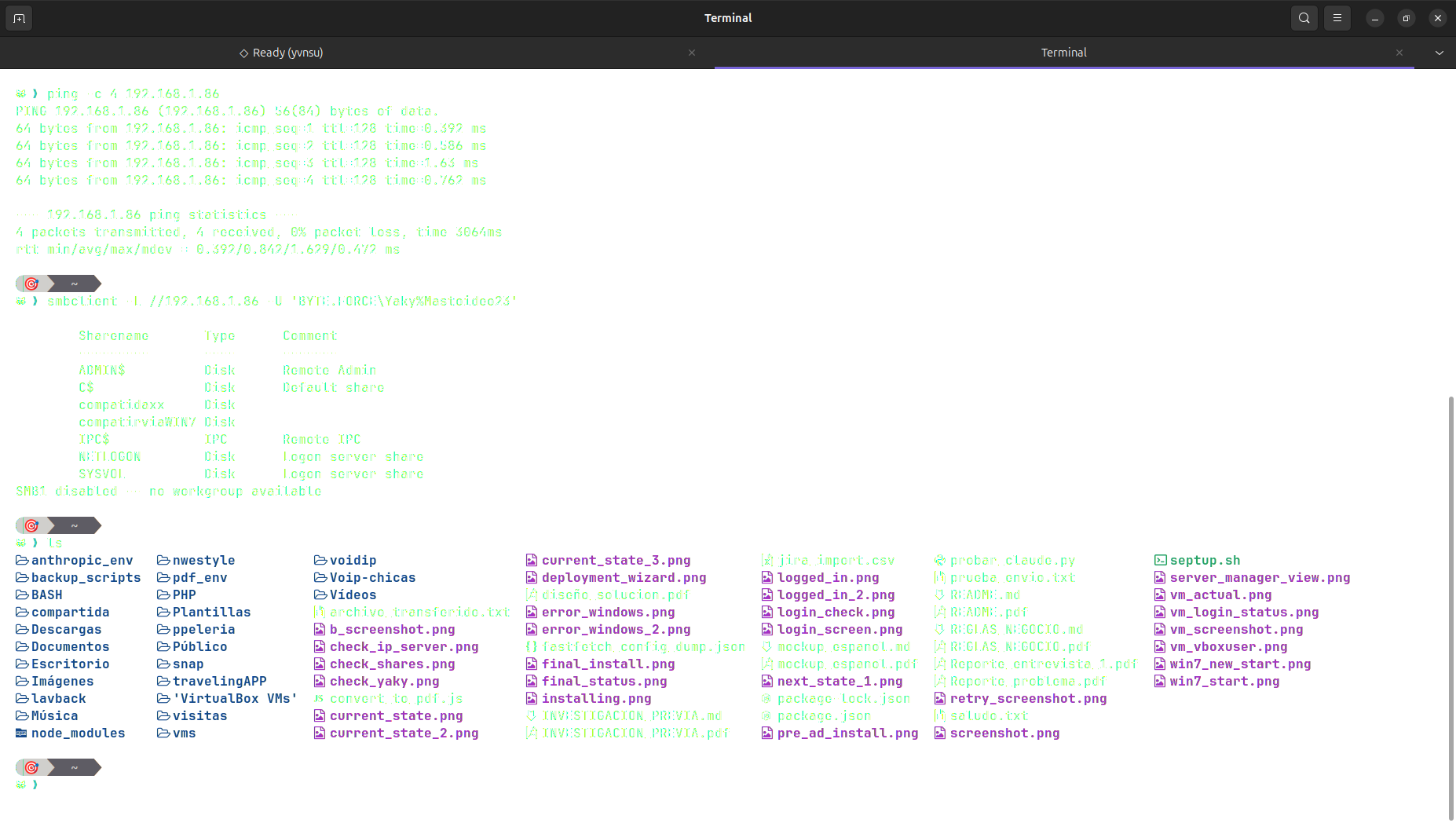 Terminal ping y smbclient combinados